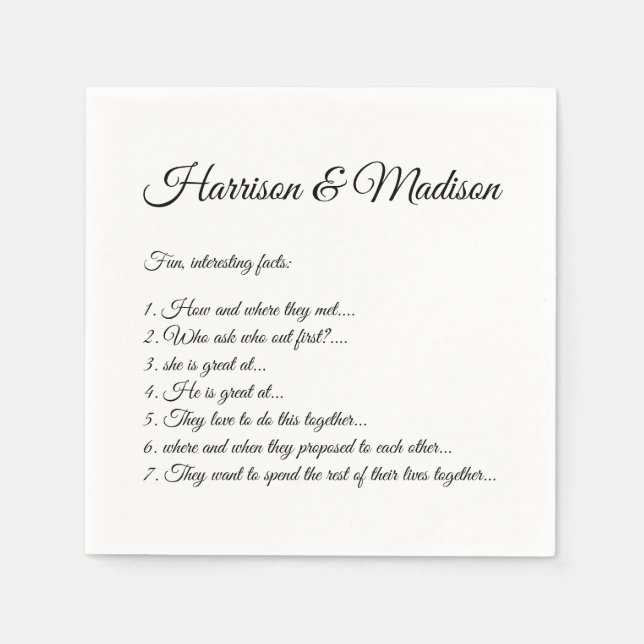 Servilleta De Papel Boda Nombres de guiones Pareja Fun Hechos papel (Anverso)