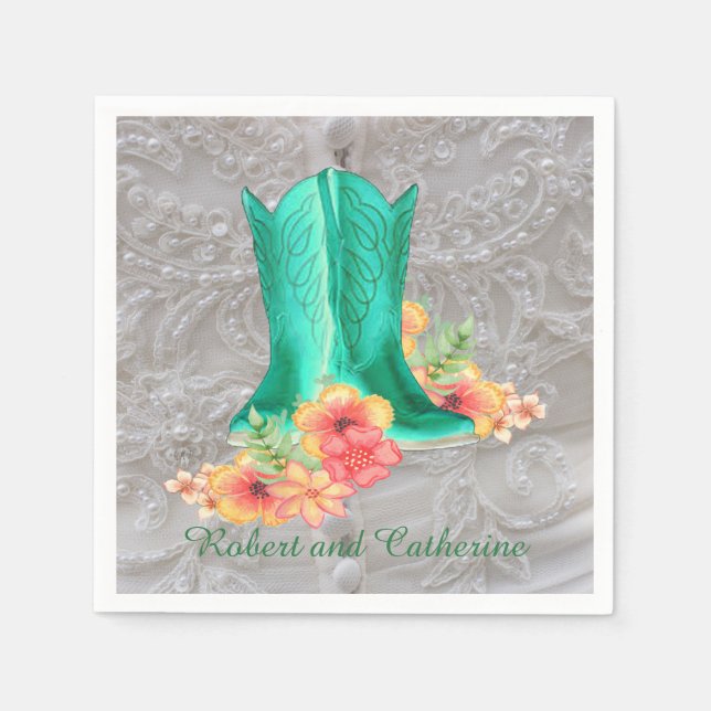 Servilleta De Papel Boda occidental Cowboy Boots Flores Nombre persona (Anverso)