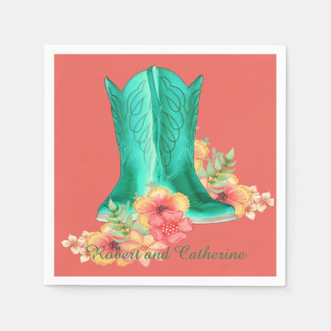 Servilleta De Papel Boda occidental Cowboy Boots Flores Nombre persona (Anverso)