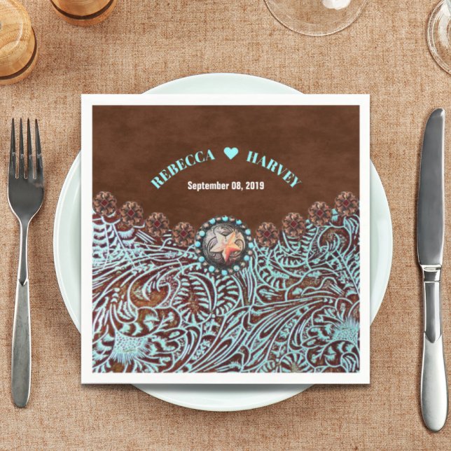 Servilleta De Papel boda occidental del país de vaquero marrón turques (turquoise brown cowboy country western wedding paper napkins)
