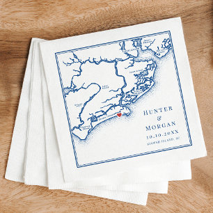 Servilleta De Papel Boda Ocean Course Kiawah Island SC Mapa Azul