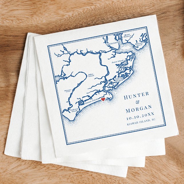 Servilleta De Papel Boda Ocean Course Kiawah Island SC Mapa Azul (Kiawah Island SC Map Napkins for an Elegant Navy Blue Destination Wedding from Coastal Map Designs)