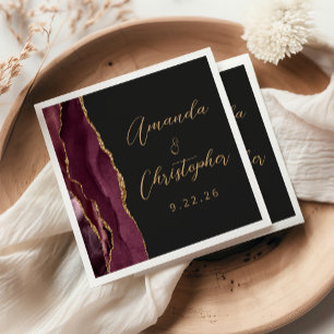 Servilleta De Papel Boda Oscura Agate Borgoña Oro Script