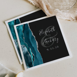 Servilleta De Papel Boda Oscura de Ágata Geoda Letra Teal Plata