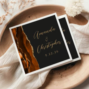 Servilleta De Papel Boda oscura de ágata naranja quemada dorada script