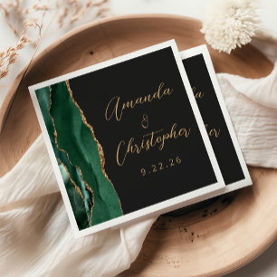 Servilleta De Papel Boda Oscura de Oro Verde Esmeralda Ágata Script
