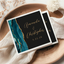 Servilleta De Papel Boda Oscura Escritura Dorada Azul Aguamarina Ágata