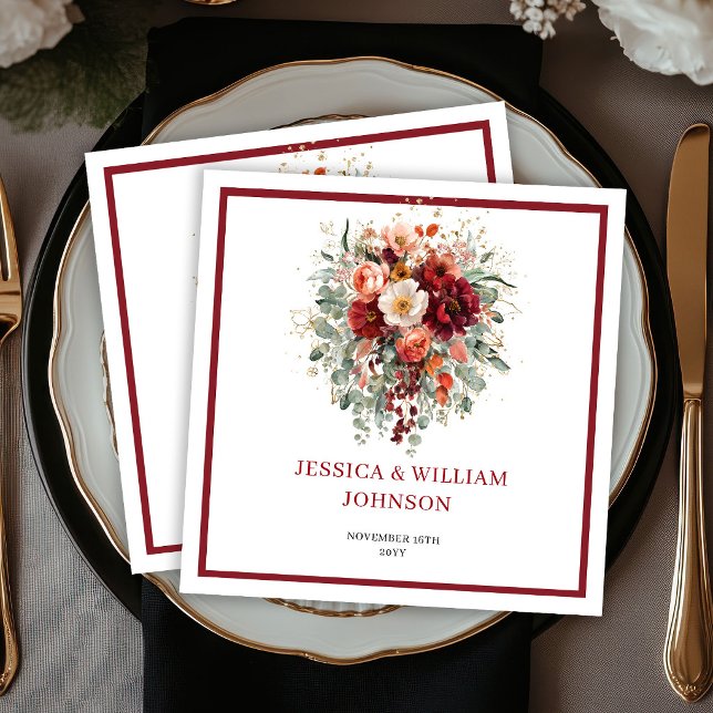 Servilleta De Papel Boda Otoñal Bohemia Borgoña Flores Verdor (Autumn Bohemian Burgundy Flowers Greenery Wedding Napkins

)