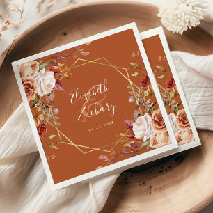 Servilleta De Papel Boda Otoñal Geométrica Floral Naranja Quemada Dora