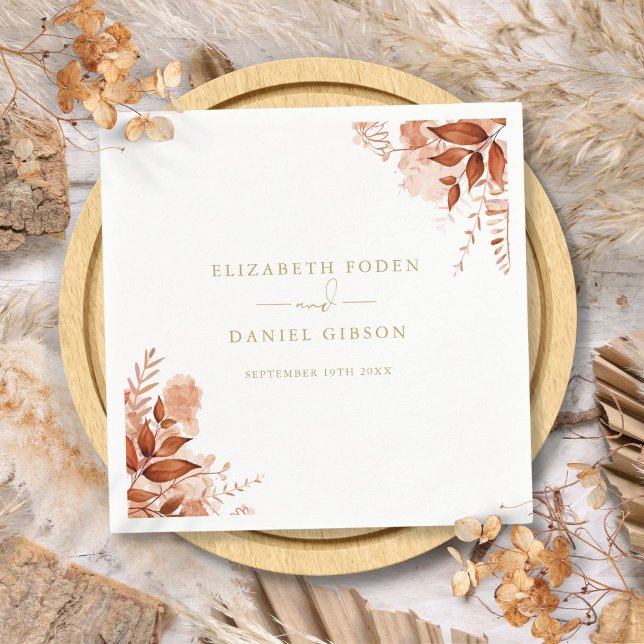 Servilleta De Papel Boda Otoño Floral Rústico Dorado (Rustic Floral Autumn Fall Gold Wedding Napkins)