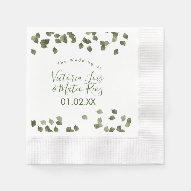 Servilleta De Papel Boda Otoño Invierno Verde Hoja Acuarela (Anverso)