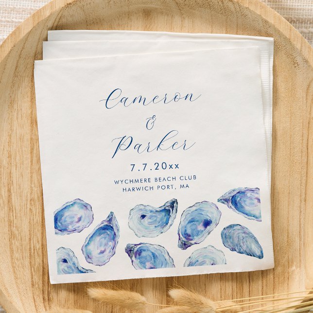 Servilleta De Papel Boda Oyster Blue Watercolor (Personalized Oyster Wedding Napkins for an elegant blue coastal wedding from Concertina Press)