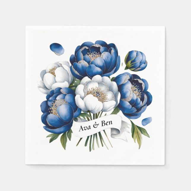 Servilleta De Papel Boda Peony Purpurinoso de Royal Blue y Silver (Anverso)