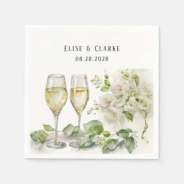 Servilleta De Papel Boda personalizada Champagne Glass y Florals (Anverso)