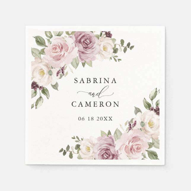 Servilleta De Papel Boda personalizada de Floral Mauve Rubor Greenery (Anverso)