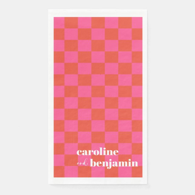 Servilleta De Papel Boda personalizada de tablero de cheques rosa y ro (Anverso)