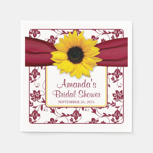Servilleta De Papel Boda personalizada de Yellow Sunflower Burgundy (Anverso)