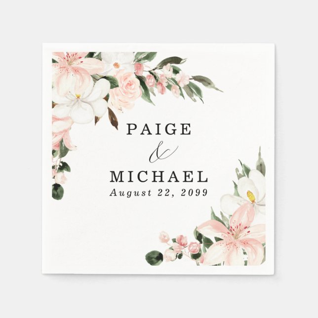 Servilleta De Papel Boda personalizada Floral rosa y blanca (Anverso)