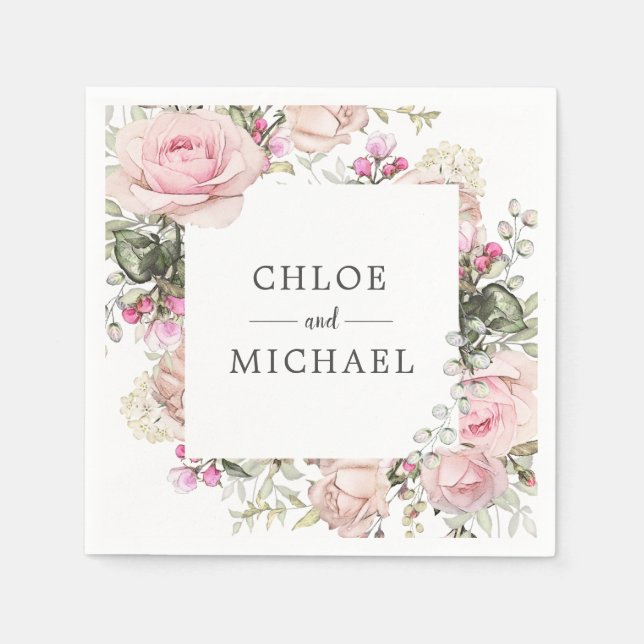 Servilleta De Papel Boda personalizada Floral rosa y blanca (Anverso)
