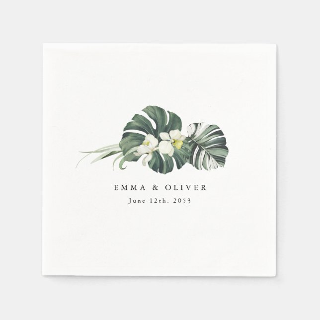 Servilleta De Papel Boda Personalizada Tropical de Monstera Verde Salv (Anverso)