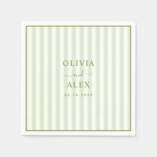 Servilleta De Papel Boda Personalizada Verde con Rayas Retro  (Anverso)