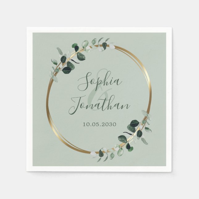 Servilleta De Papel Boda personalizado de Eucalyptus Greenery Gold Sag (Anverso)