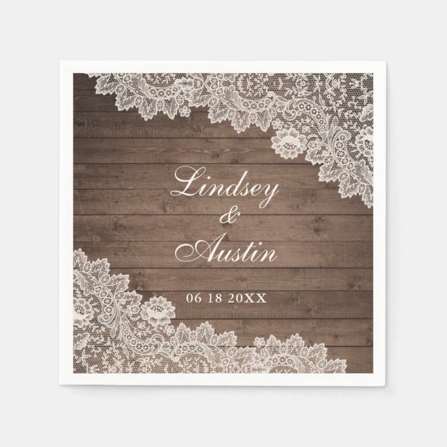 Servilleta De Papel Boda personalizado de Rustic Wood Lace (Anverso)
