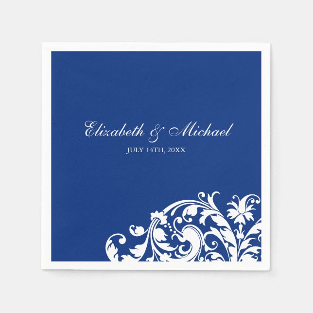 Servilleta De Papel Boda personalizado de Swirl Flouril Blue White (Anverso)