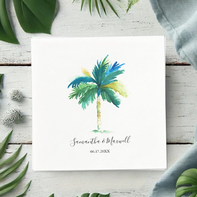 Servilleta De Papel Boda Personalizado del Árbol de Palma Tropical (Palm tree napkin tropical watercolor art by Victoria Grigaliunas Do Tell A Belle)