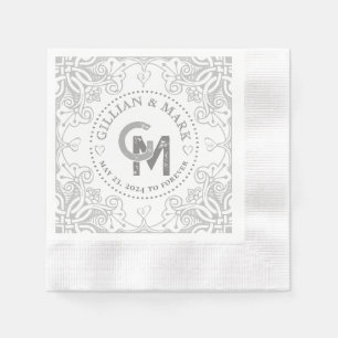 Servilleta De Papel Boda Plata Monogramada Cubierta Cardíaca
