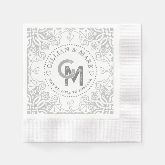 Servilleta De Papel Boda Plata Monogramada Cubierta Cardíaca (Anverso)