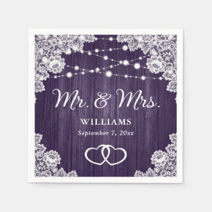 Servilleta De Papel Boda Purple Rustic Wood Lace String Lights