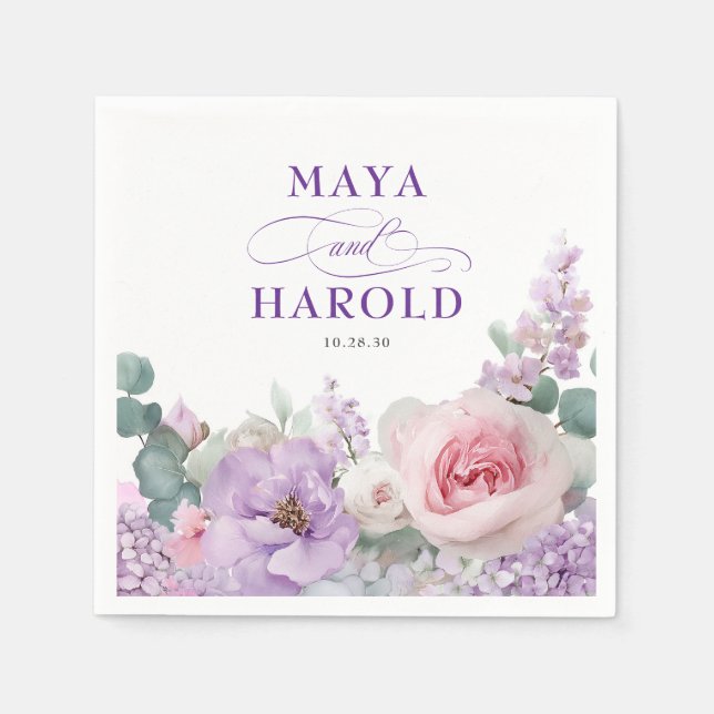 Servilleta De Papel Boda púrpura y rosada floral botánica (Anverso)