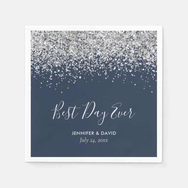Servilleta De Papel Boda Purpurina azul y plateado de la Marina modern (Anverso)