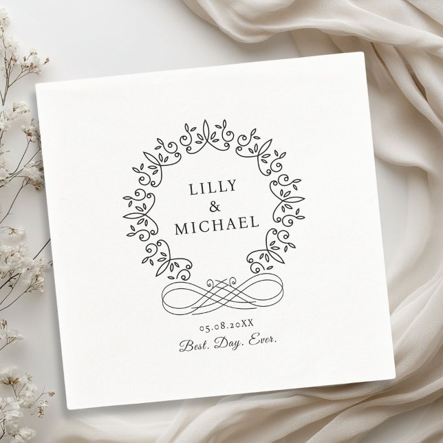 Servilleta De Papel Boda Real, Elegante, "Mejor Día de la Historia" (Royal, Elegant, Classic "Best-Day-Ever" White Wedding Napkins with your name and date.)