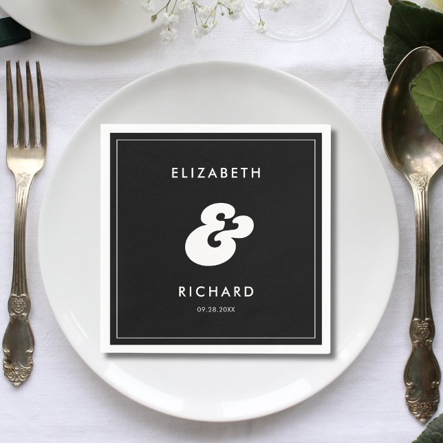 Servilleta De Papel Boda Retro con Estilo en Blanco y Negro (Retro black and white wedding napkins bring a stylish, cohesive feel to your reception.)