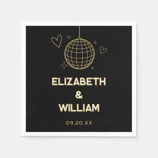 Servilleta De Papel Boda Retro Disco Groovy Años 70 Negro y Dorado (Anverso)