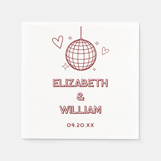 Servilleta De Papel Boda Retro Disco Groovy Rojo Años 70 (Anverso)