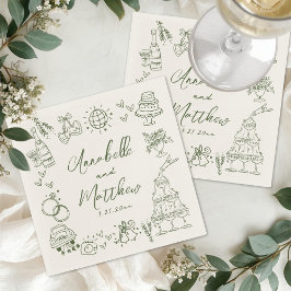 Servilleta De Papel Boda Retro Verde Dibujada a Mano