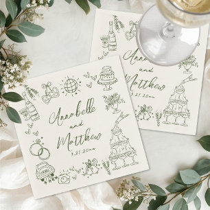 Servilleta De Papel Boda Retro Verde Dibujada a Mano