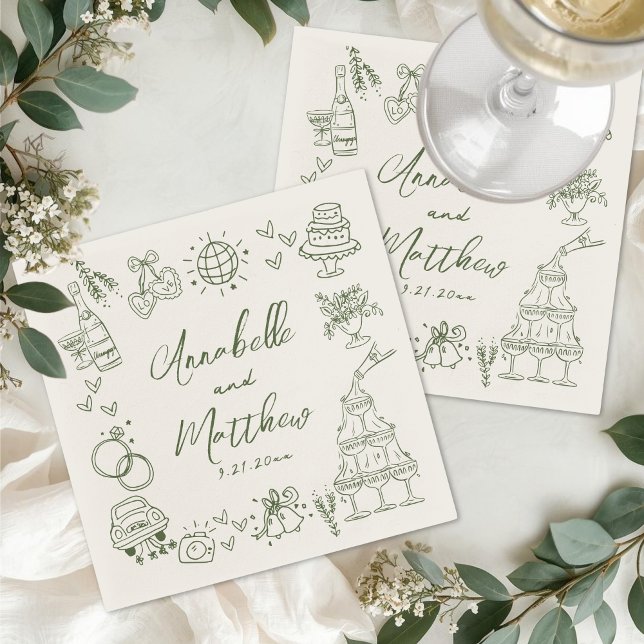 Servilleta De Papel Boda Retro Verde Dibujada a Mano (Hand Drawn Green Retro Wedding Napkins)