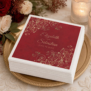 Servilleta De Papel Boda Rojo Marmóreo Elegante con Filigrana Dorada O