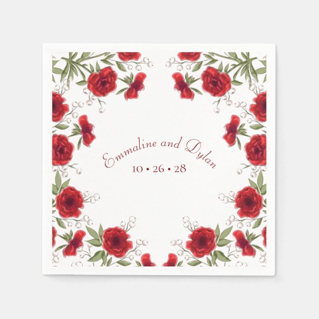 Servilleta De Papel Boda Romántica con Rosas Rojas (Anverso)
