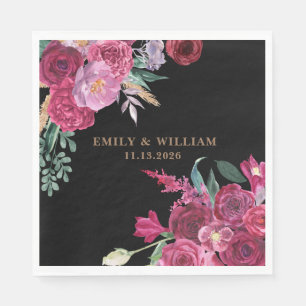 Servilleta De Papel Boda Romántica Oscura Floral Burgundy Negro