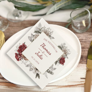 Servilleta De Papel Boda romántico de borgoña y floral plateada