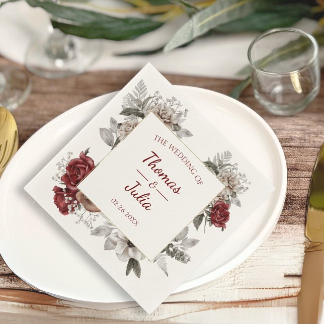 Servilleta De Papel Boda romántico de borgoña y floral plateada (Romantic Burgundy & Silver Floral Wedding Napkins)