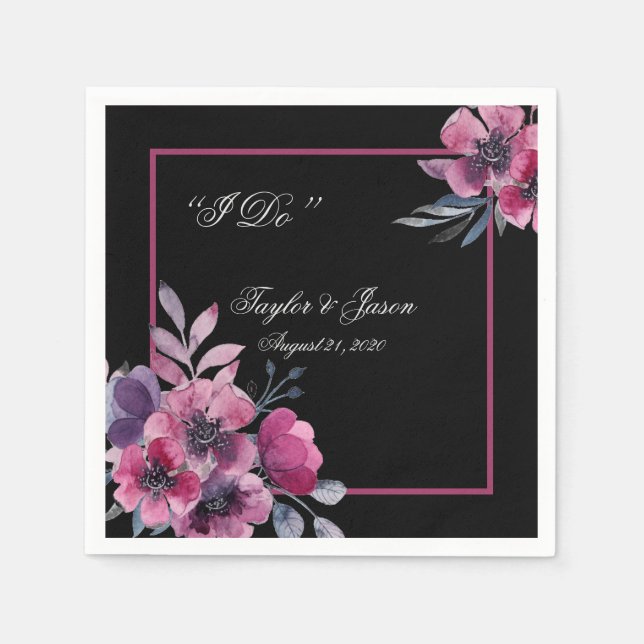 Servilleta De Papel Boda romántico de escritura floral negra y rosa (Anverso)