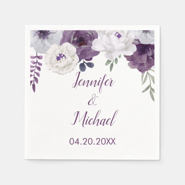 Servilleta De Papel Boda romántico floral morado plateado personalizad (Anverso)