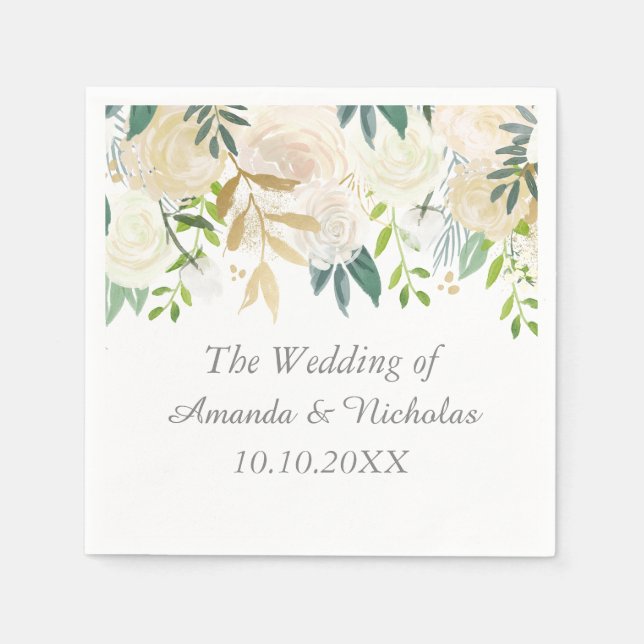 Servilleta De Papel Boda  Rosas de Floral de Marfil personalizado (Anverso)
