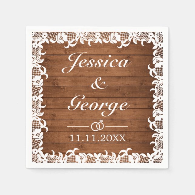 Servilleta De Papel Boda Rustic Wood & White Lace (Anverso)